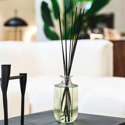 difusor de aroma con varillas en frasco de vidrio en salón luminoso