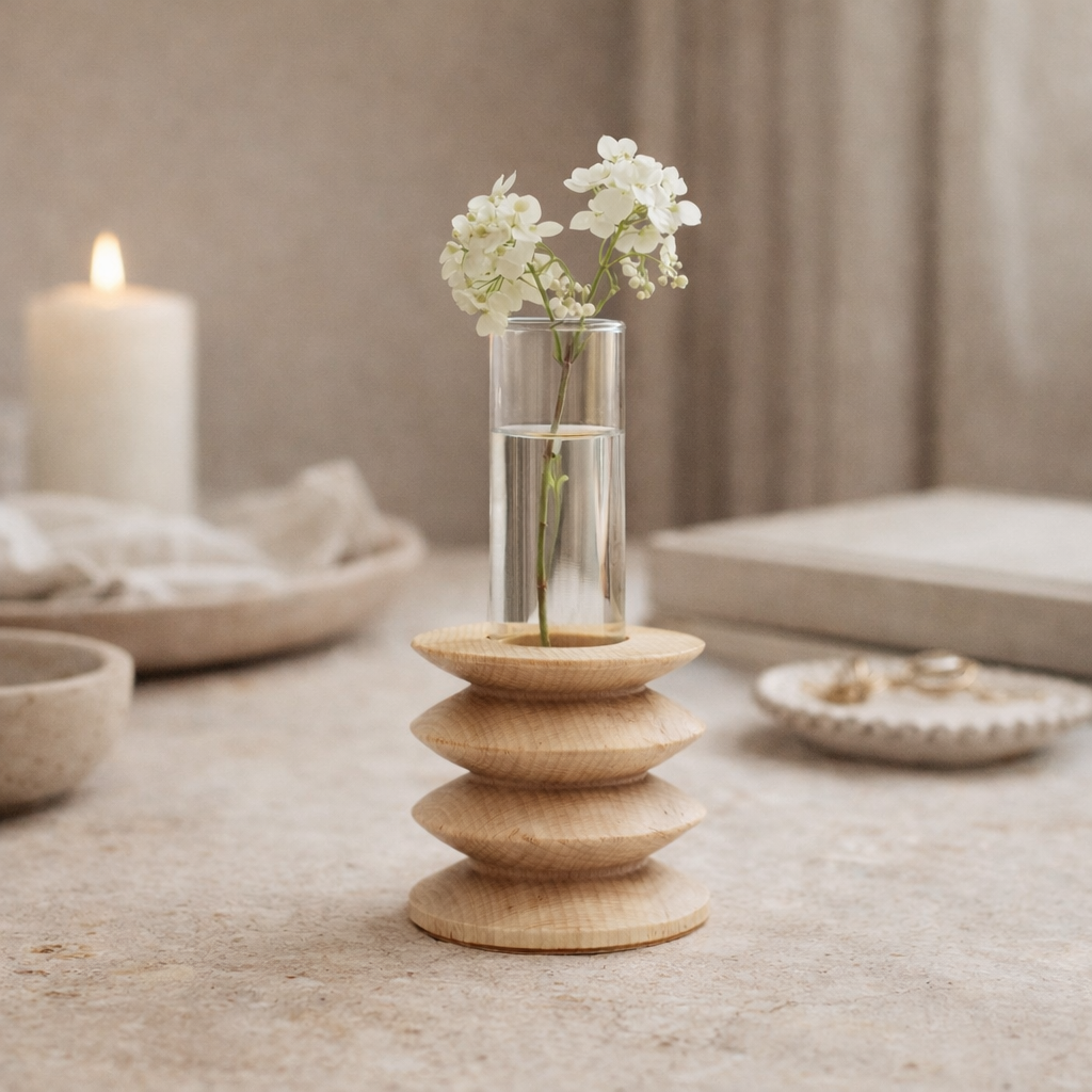 Jarrón de madera de haya Totem corto con tubo de vidrio | Artesanía portuguesa
