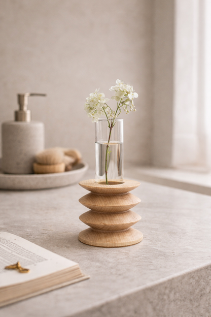 jarrón decorativo de madera en ambiente sereno con luz natural