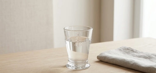 vaso de vidrio con diseño de abeja con agua sobre mesa de madera clara